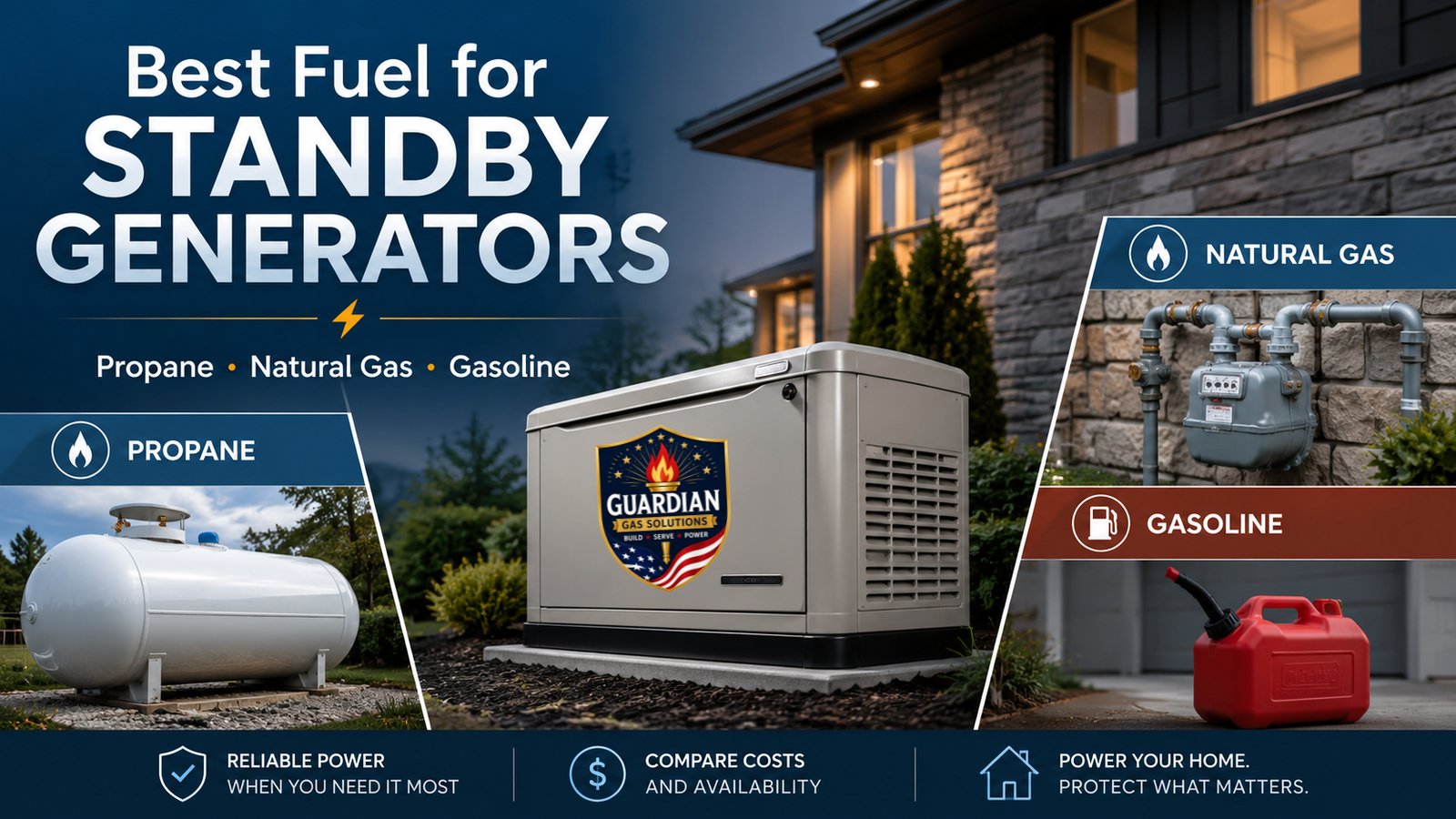 Guardian Gas Solutions standby generator with propane tank, natural gas meter, and gasoline can — comparing backup generator fuels