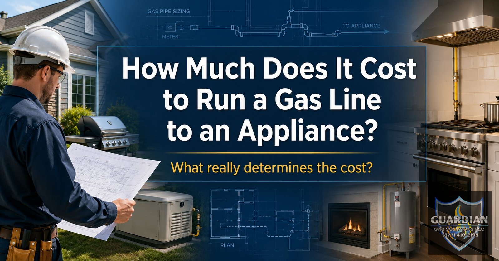 Guardian Gas Solutions technician reviewing gas pipe sizing plans for running a gas line to a range, generator, and fireplace