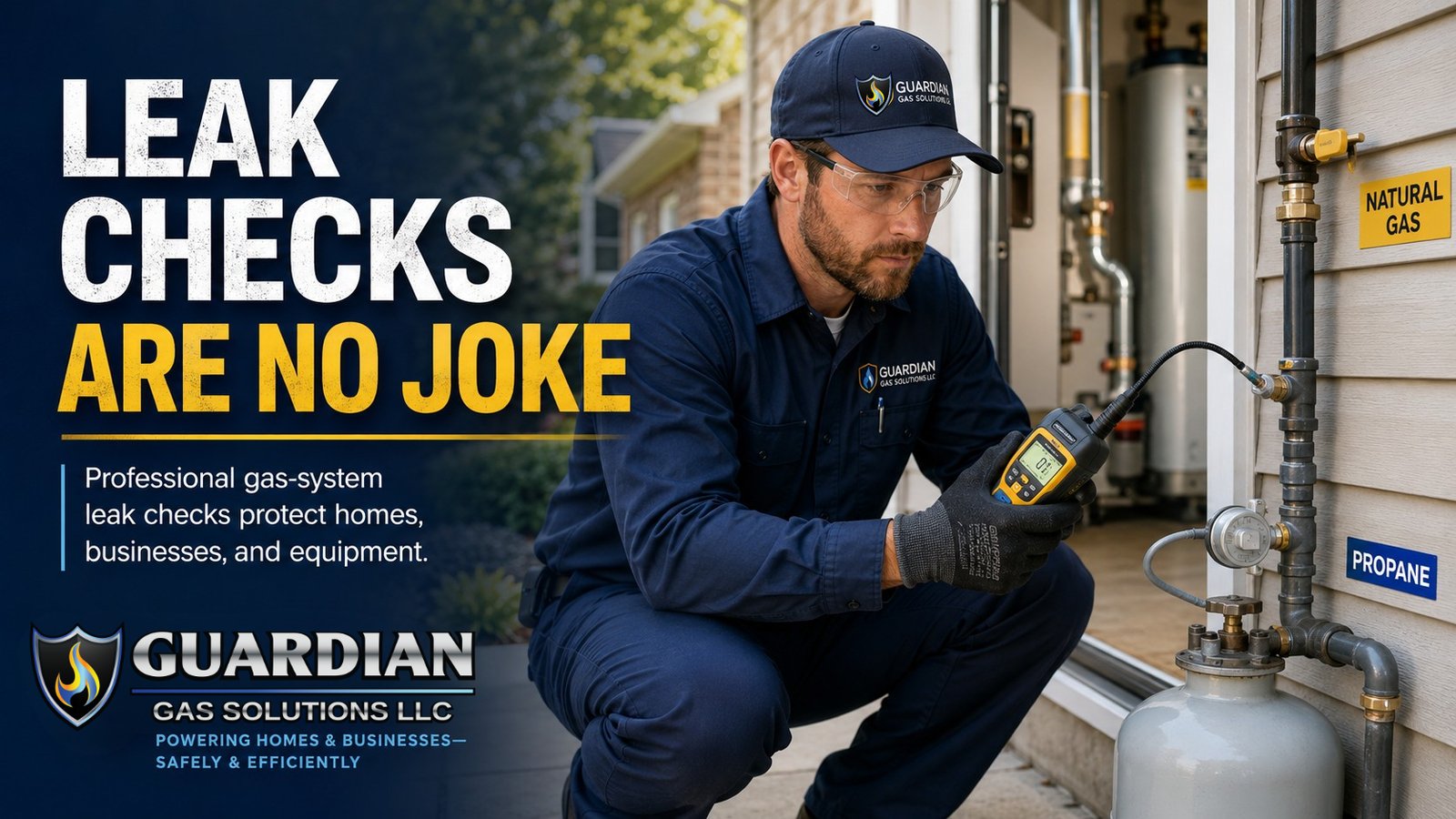 Guardian Gas Solutions technician performing a professional gas leak check with a combustible-gas detector on a home gas system