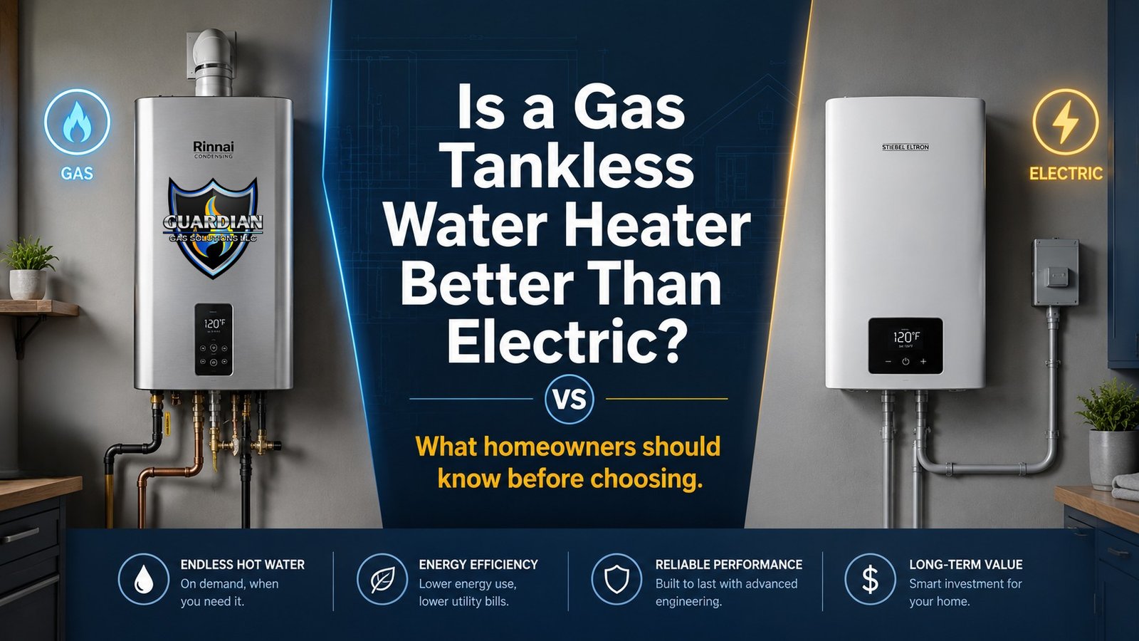 Gas tankless water heater versus electric tankless water heater comparison for a whole-home hot water system