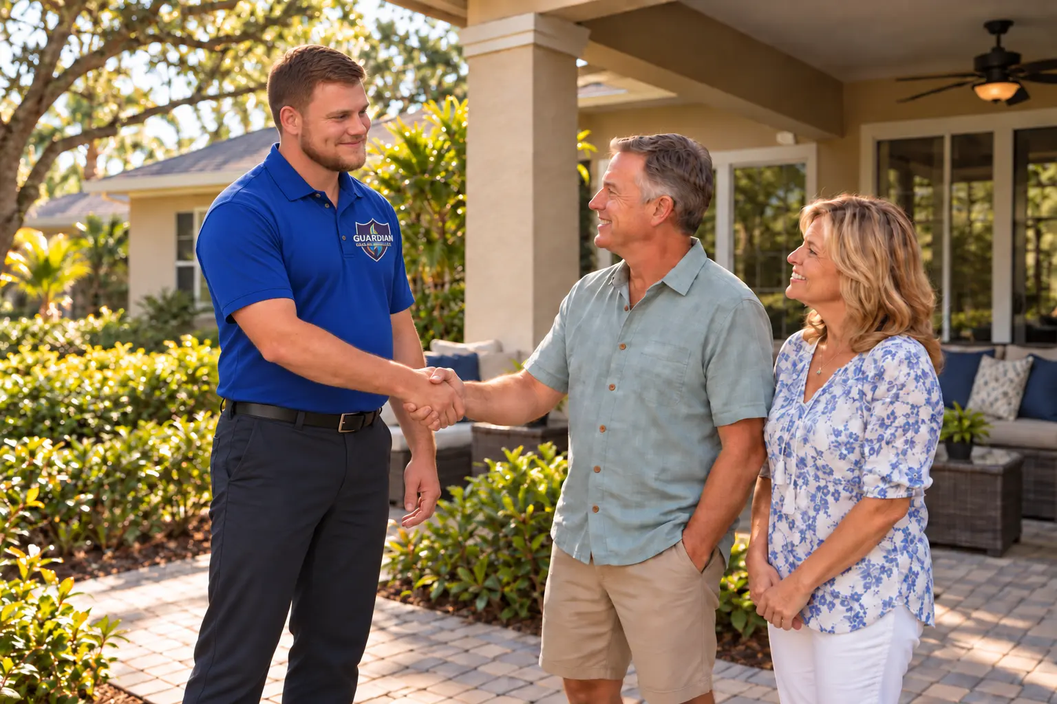 Illustration of Calvin greeting a homeowner with a handshake, with the homeowner’s wife beside him